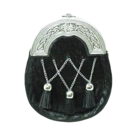 Chrome Plain Celtic Black Calfskin Sporran With Crossed Tassels