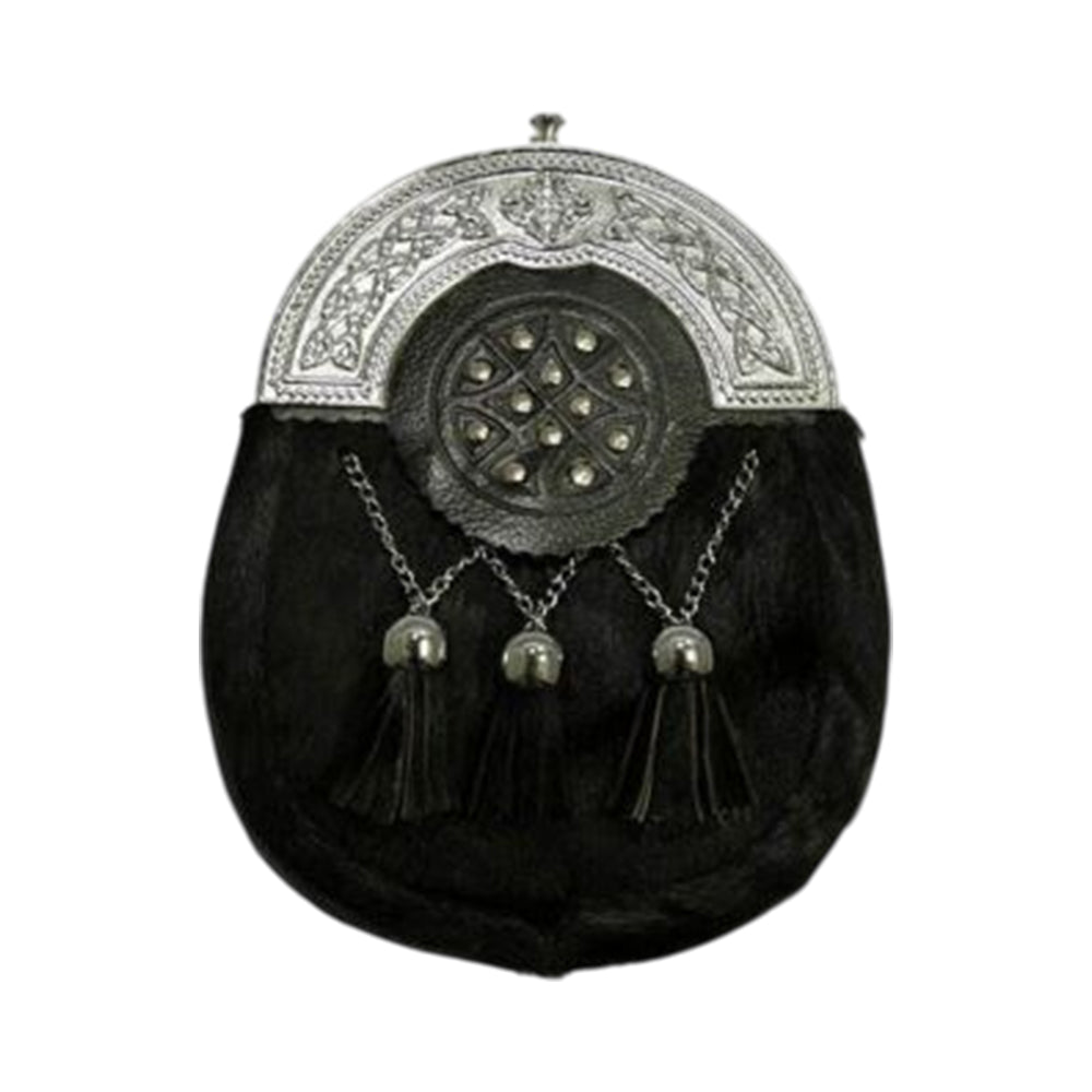Chrome Plain Celtic Studded Targe Black Calfskin Sporran Chrome Plain Celtic Studded Targe Black Calfskin Sporran