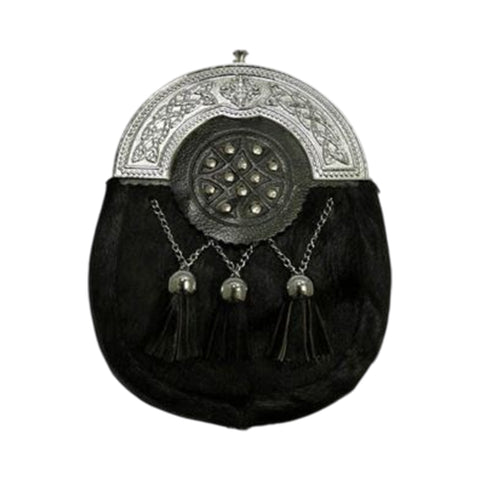 Chrome Plain Celtic Studded Targe Black Calfskin Sporran Chrome Plain Celtic Studded Targe Black Calfskin Sporran