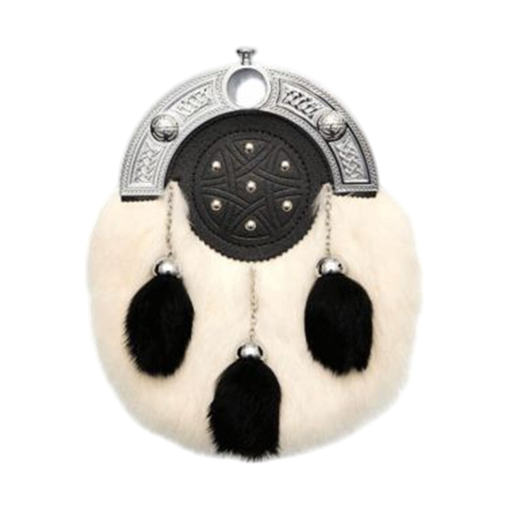 Full Dress Chrome Knot And Tage Sporran - White/Black Rabbit Fur