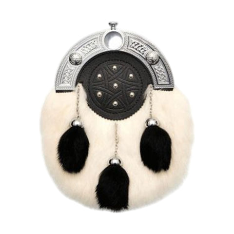 Full Dress Chrome Knot And Tage Sporran - White/Black Rabbit Fur