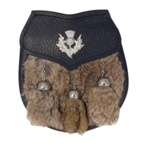 Semi Dress Sporran - Grey Rabbit Fur - Thistle Emblem