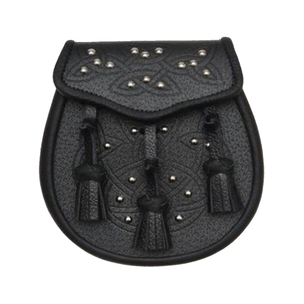 Black Leather Celtic Embossed Studded Leather Sporran