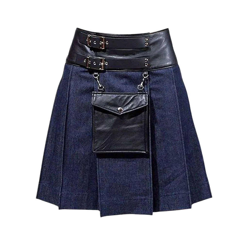 Black Style Leather Denim Kilt