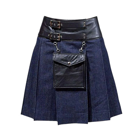 Black Style Leather Denim Kilt