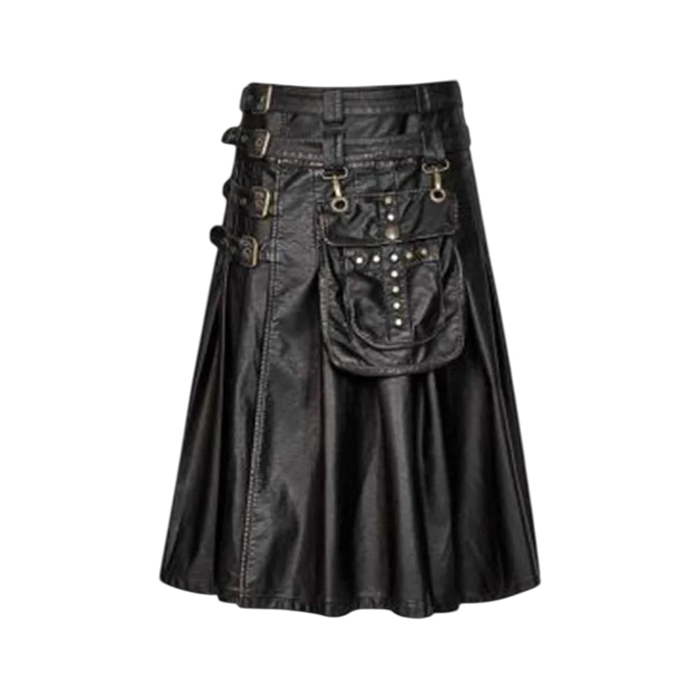 Cowhide Black Leather Gothic Kilt