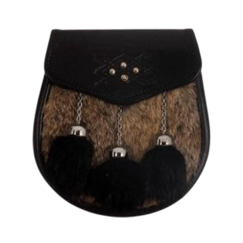 Semi Dress Sporran - Grey Black Rabbit Fur Cross Stud Emboss