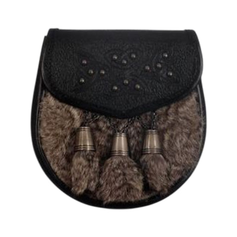 Semi Dress Sporran - Gray Rabbit Fur Studdded Emboss