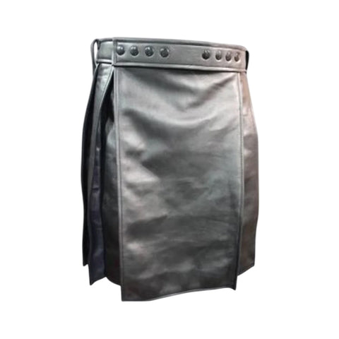 Pleated Black Leather Kilt with Navy Highlights