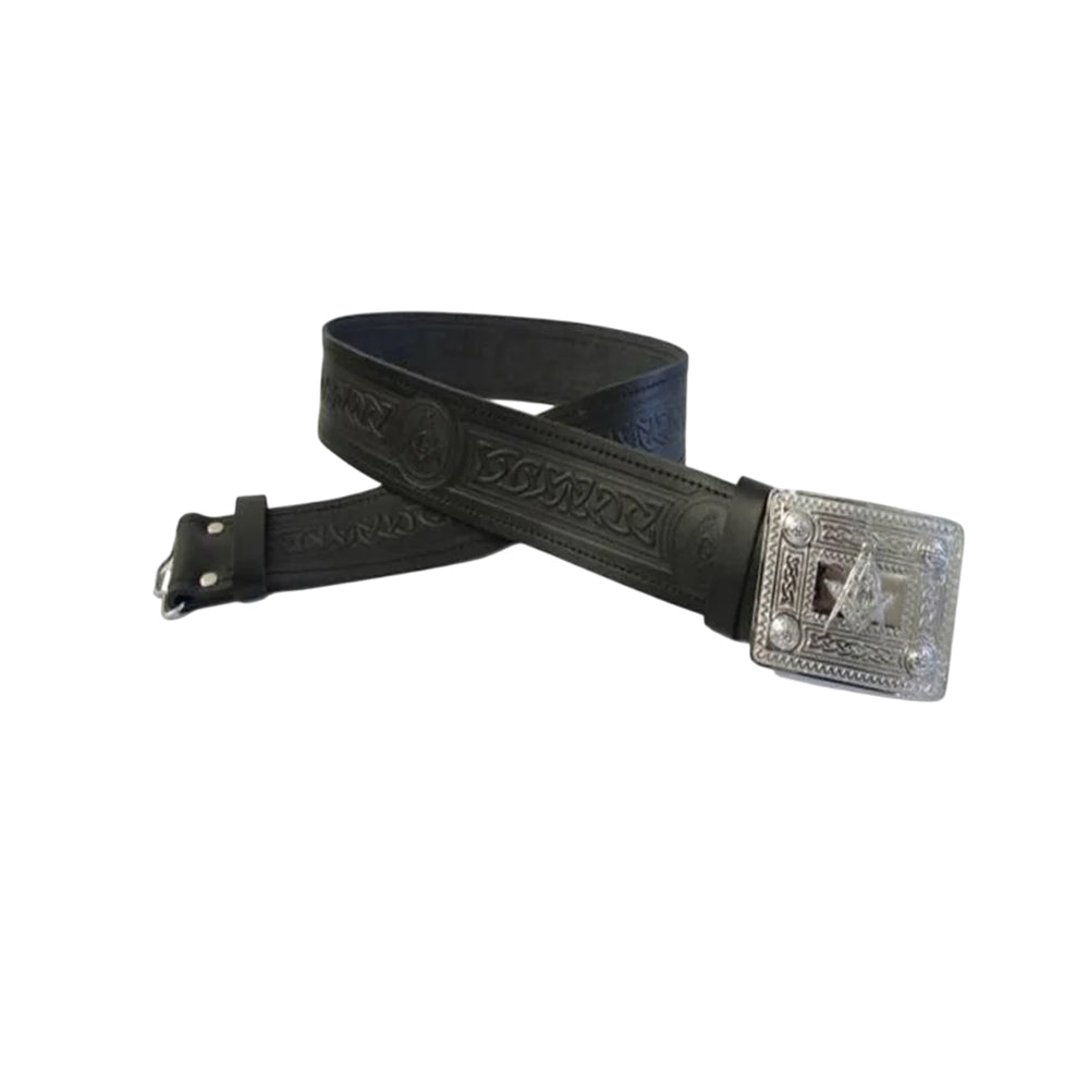 Black Leather Adjustable Kilt Belt with Celtic Buckle