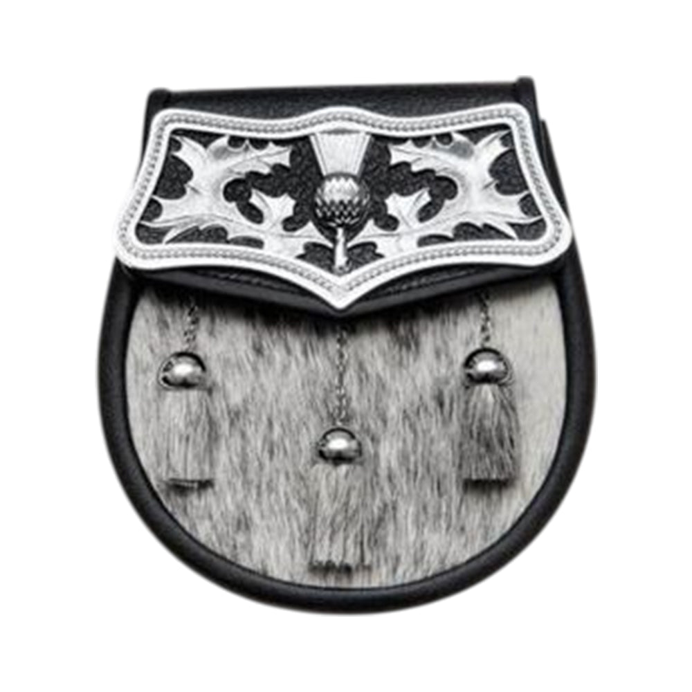 Semi Dress Black Calfskin Large Thistle Plate Sporran - Antique Finish