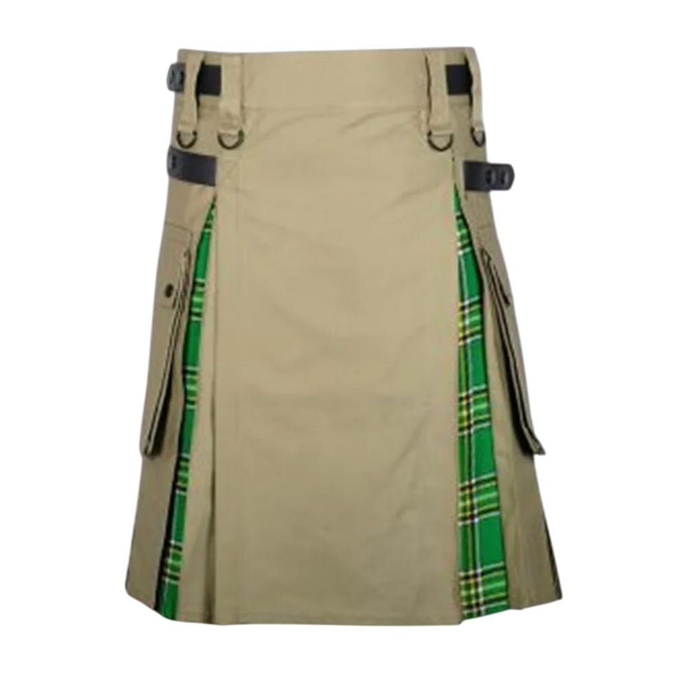 Khaki Cotton Mecleod of Lewis Tartan Scottish Utility Cargo Hybrid Kilt