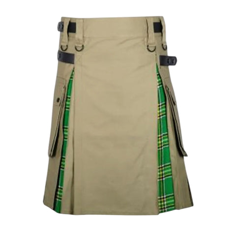 Khaki Cotton Mecleod of Lewis Tartan Scottish Utility Cargo Hybrid Kilt