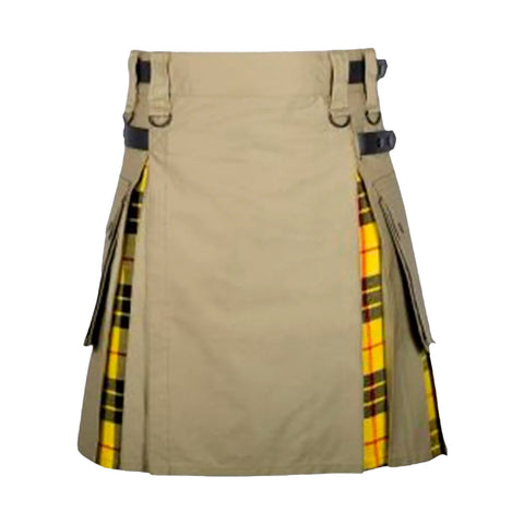 Khaki Cotton Mecleod of Lewis Tartan Scottish Utility Cargo Hybrid Kilt