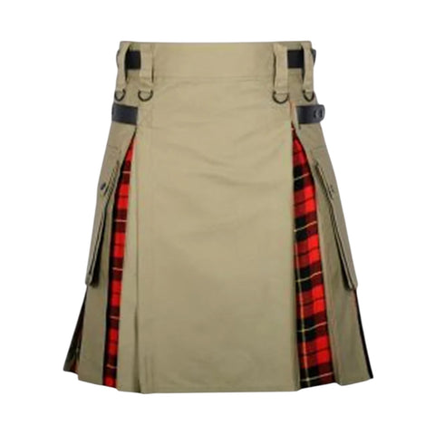 Khaki Cotton Wallace Tartan Scottish Utility Cargo Hybrid Kilt