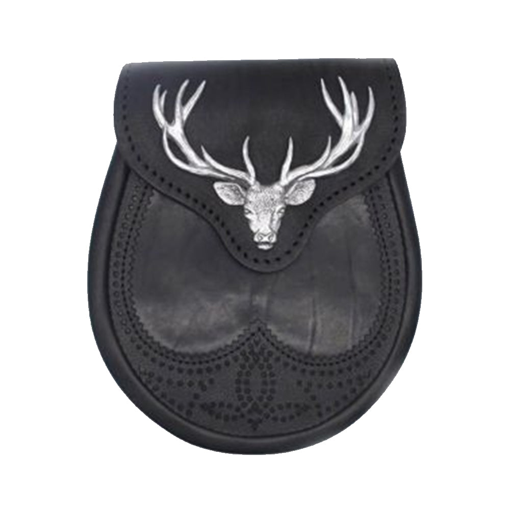 Black Stag Head Leather Sporran