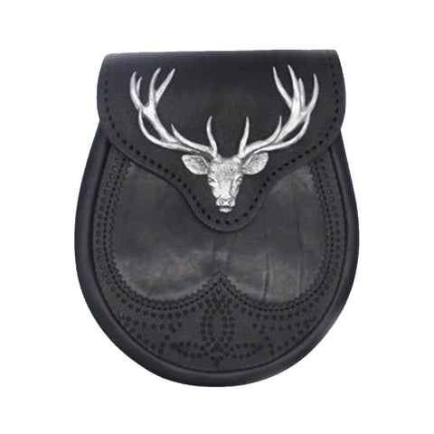 Black Stag Head Leather Sporran