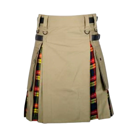 Khaki Cotton Buchanan Tartan Scottish Utility Cargo Hybrid Kilt