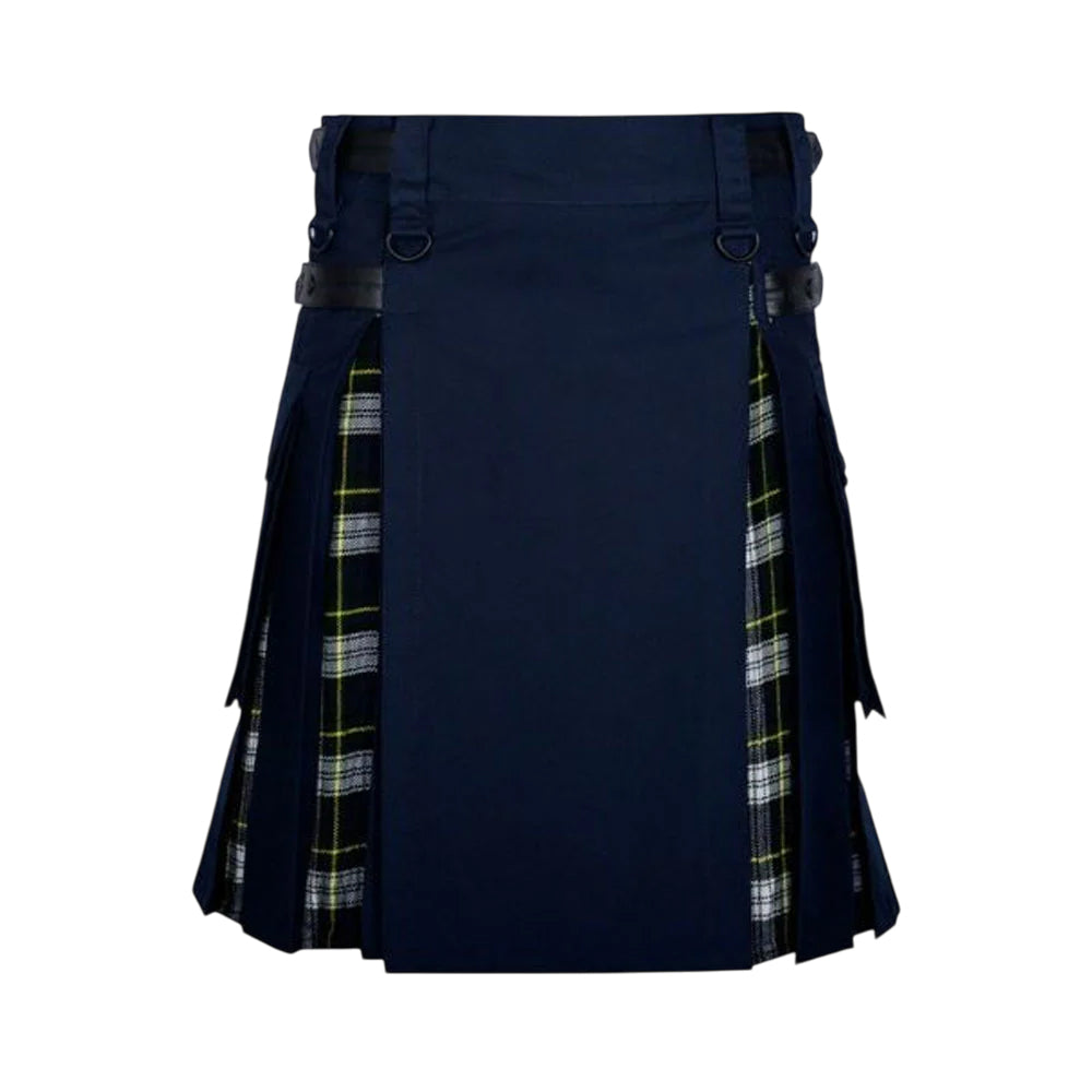 Navy Blue Cotton Dress Gordon Tartan Scottish Utility Cargo Hybrid Kilt