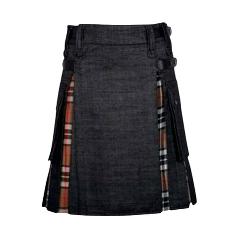 Black Denim Campbell of Thomson Tartan Scottish Utility Cargo Hybrid Kilt
