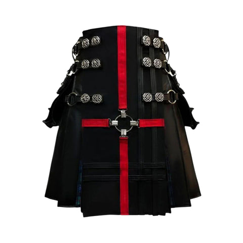 Fashionable Red Cross Black Leather Gothic Kilt For Men