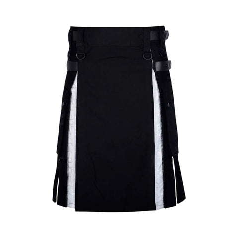 Hybrid Black Cotton Gothic Kilt Skirt with White Brocade Under Pleats
