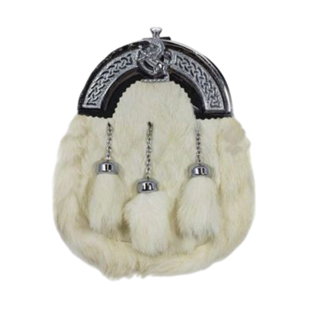 Full Dress Sporran White Rabbit Fur Chrome Lion Emblem