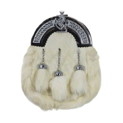 Full Dress Sporran White Rabbit Fur Chrome Lion Emblem