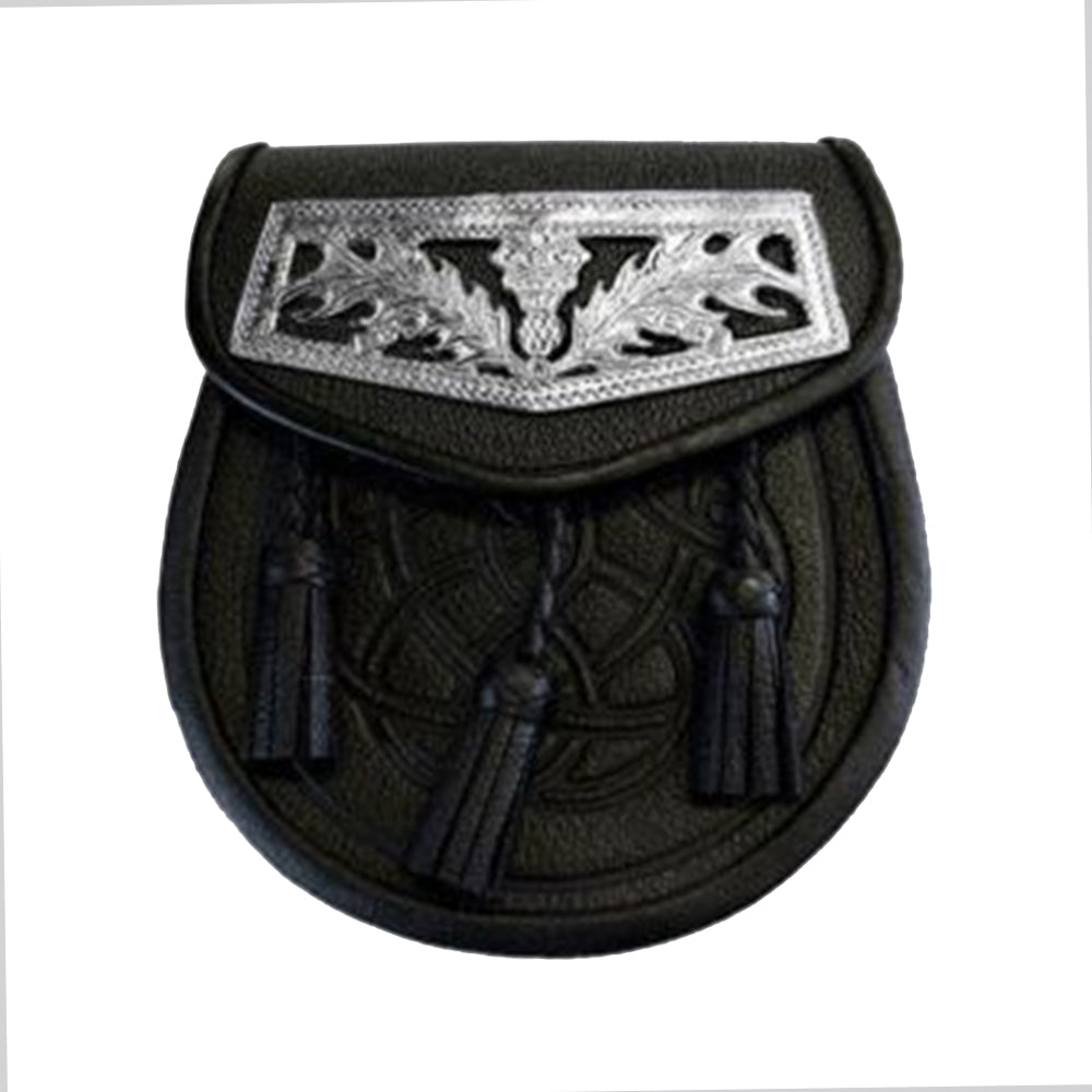 Black Celtic Embossed Thistle Plate Leather Sporran