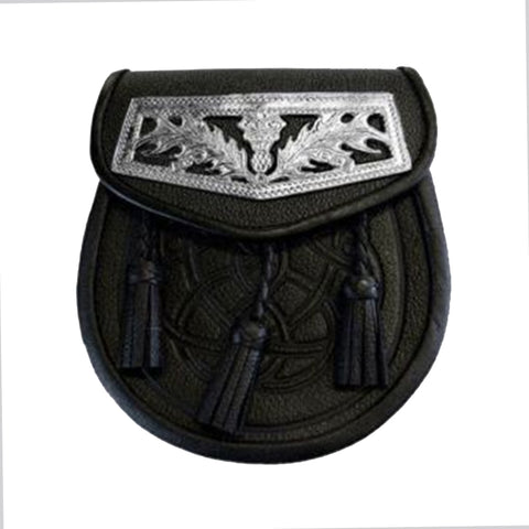 Black Celtic Embossed Thistle Plate Leather Sporran
