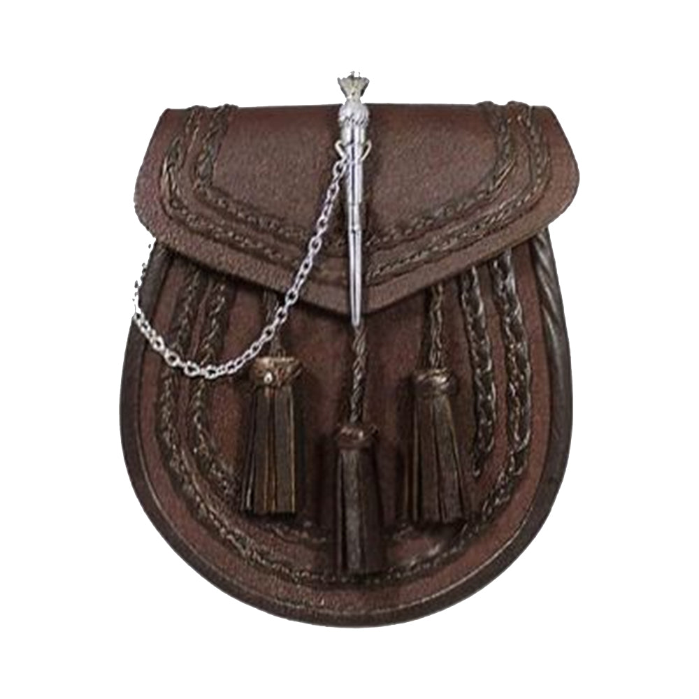 Brown Leather Braided Sporran - Thistle Pin Lock