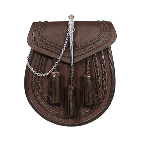 Brown Leather Braided Sporran - Thistle Pin Lock