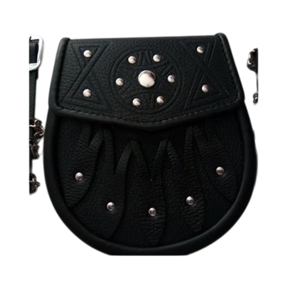Brand New Celticc Design Black Leather Sporran with S-Chain Kilt & Belt Bagpipe