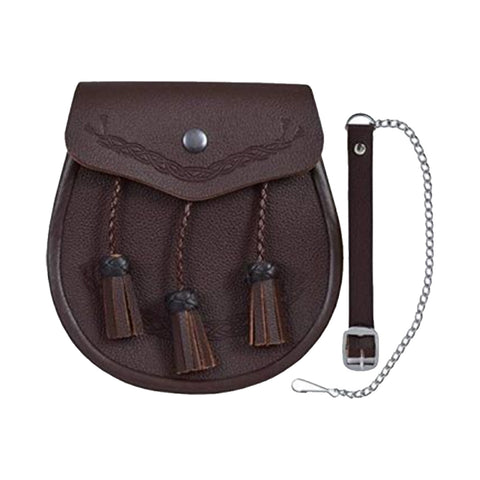 Brown Embossed Celtic Classic Leather Kilt Sporran Free Chain Strap