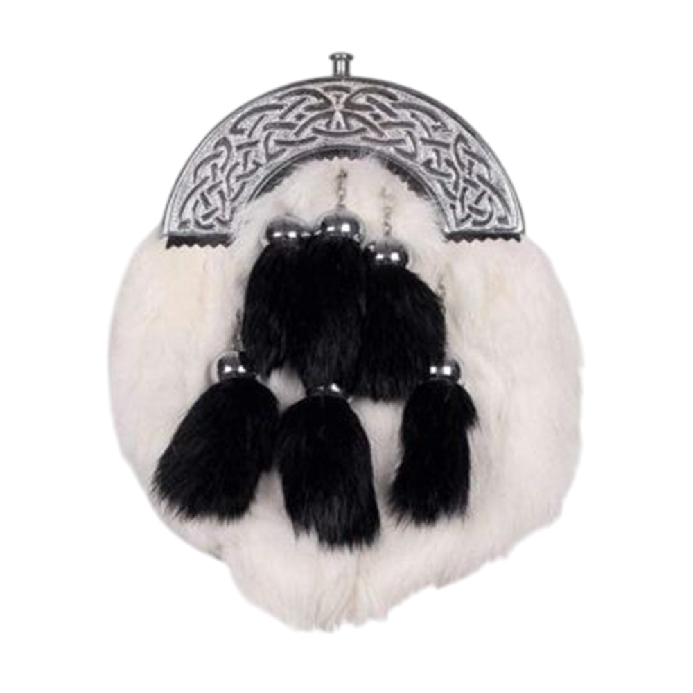 Chrome Celtic Cantle White Rabbit Sporran With 6 Black Fur Tassels