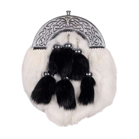 Chrome Celtic Cantle White Rabbit Sporran With 6 Black Fur Tassels