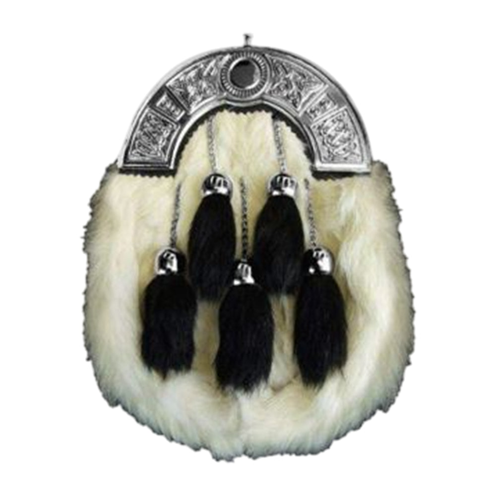 Chrome Celtic Cantle White Rabbit Sporran With 5 Black Fur Tassels