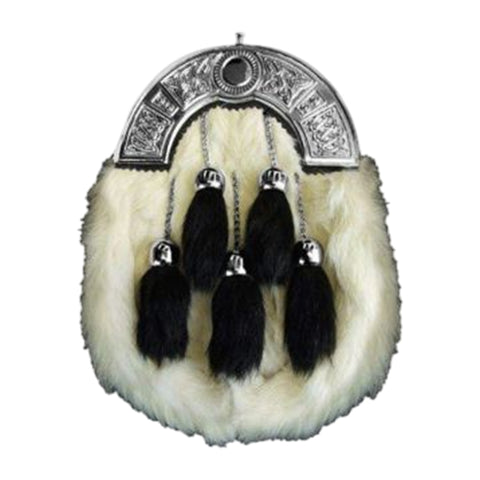 Chrome Celtic Cantle White Rabbit Sporran With 5 Black Fur Tassels