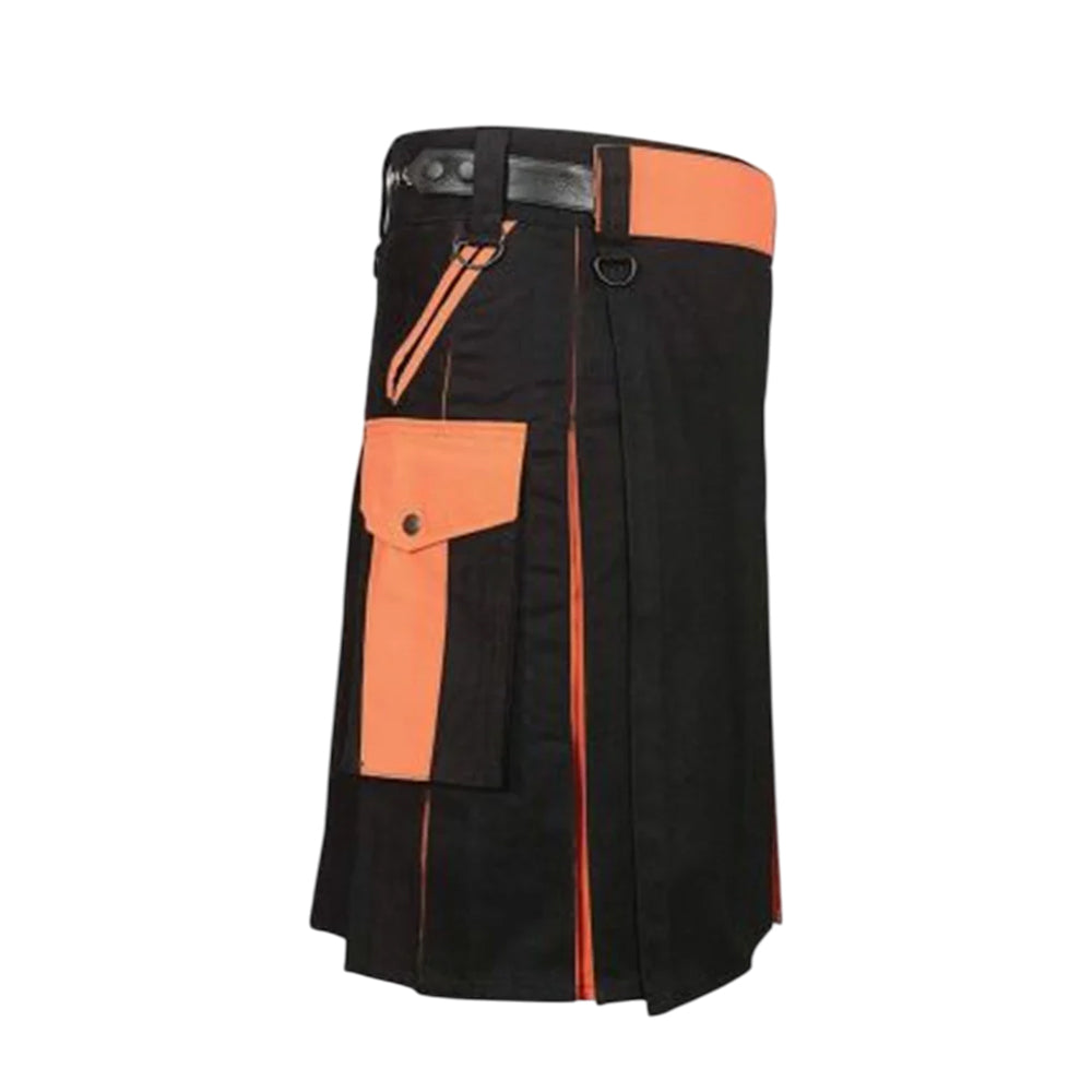 Black & Orange Utility Kilt For Men