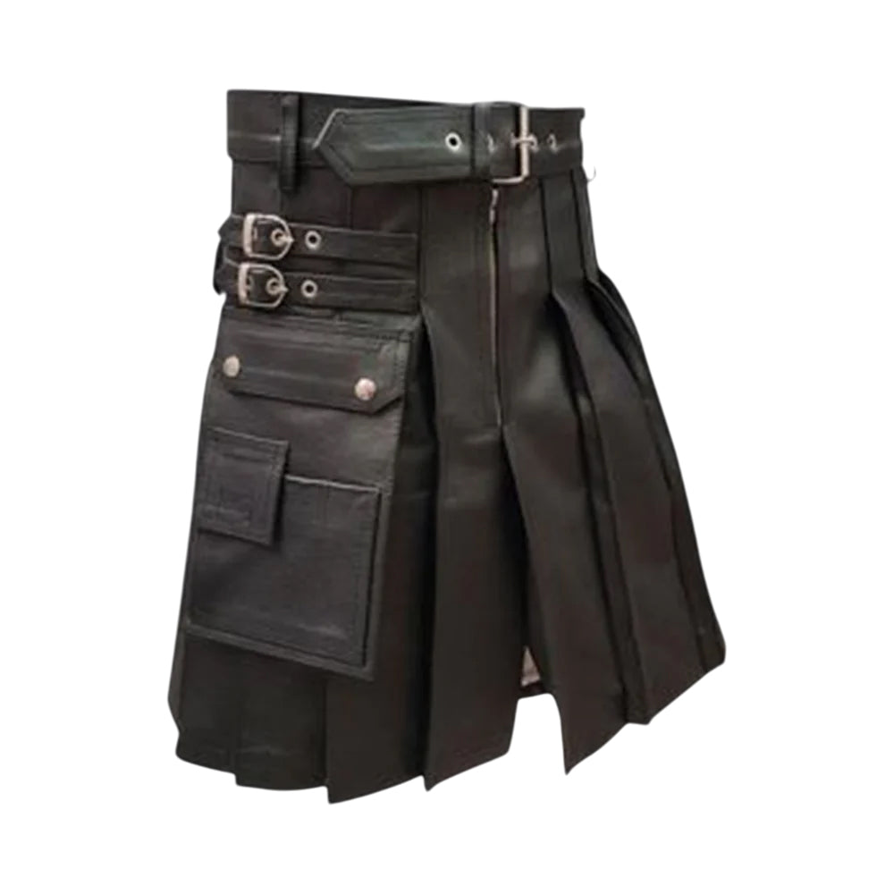 Men Genuine Black Leather Gladiator Pleated Utility LARP Kilt