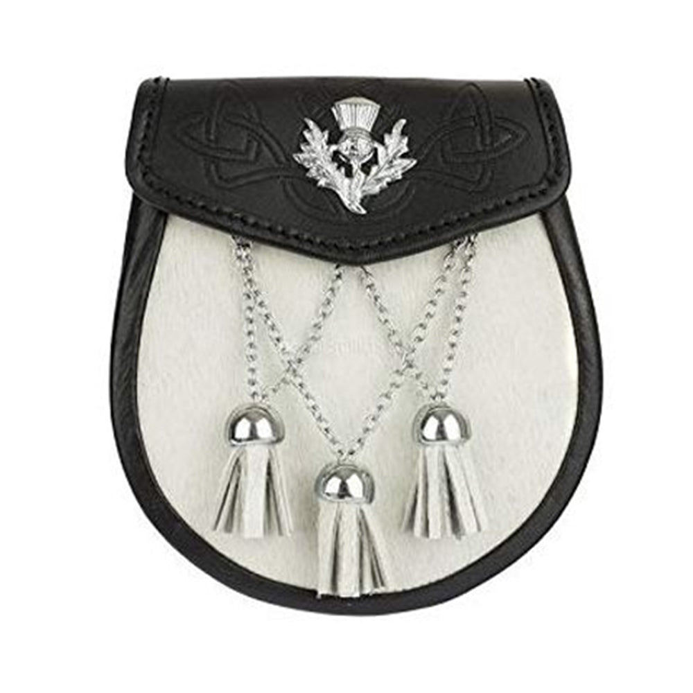 Semi Dress Sporran Black Embossed Leather & White Cowhide Thistle Emblem