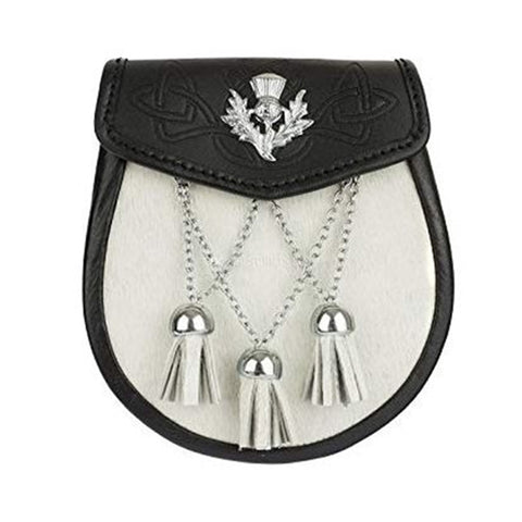 Semi Dress Sporran Black Embossed Leather & White Cowhide Thistle Emblem
